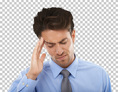 Buy stock photo Business man, headache and stress for bankruptcy, stock market crash or financial fail isolated on transparent PNG background. Tired or frustrated person or employee with pain, debt crisis and crisis