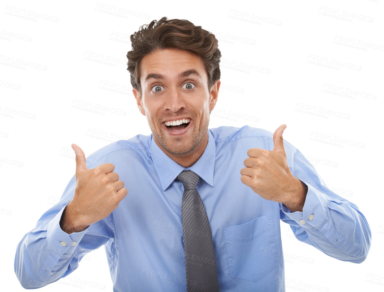 Buy stock photo Thumbs up, portrait and excited business man for success, winning deal or agreement isolated on transparent png background. Happy worker, emoji sign and wow face for feedback, voting yes or thank you