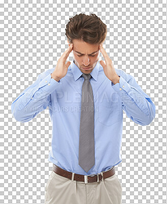 Buy stock photo Business man, stress or headache of mistake, stock market crash or failure of economy isolated on transparent png background. Worker, bankruptcy or doubt of financial crisis, anxiety or debt disaster