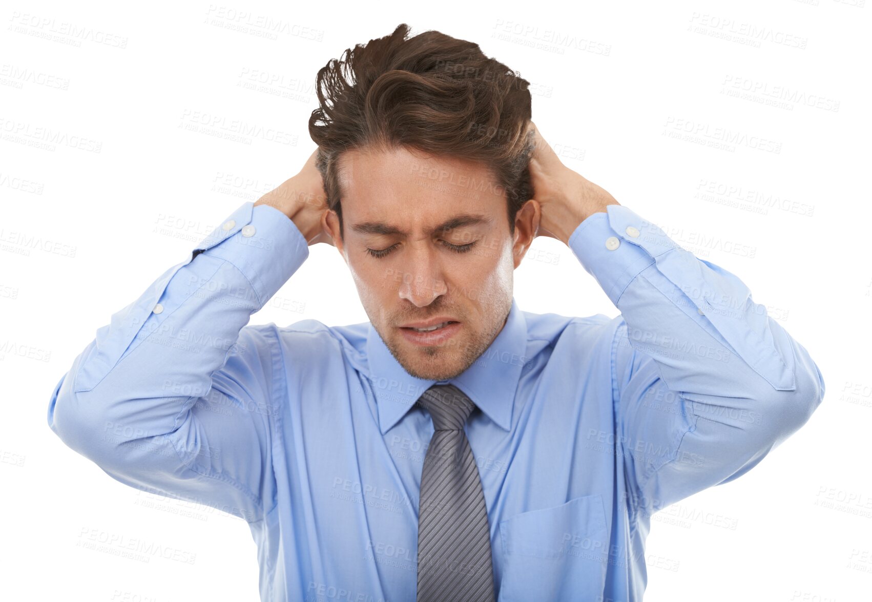 Buy stock photo Business man, frustrated and headache for stress, bankruptcy challenge or risk isolated on transparent png background. Tired worker with anxiety, brain fog and fatigue from burnout, crisis or mistake