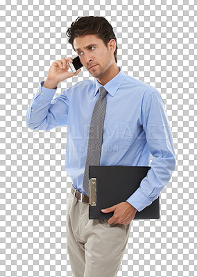 Buy stock photo Businessman, phone call and communication for discussion isolated on a transparent PNG background. Serious man, employee or agent talking on mobile smartphone for business conversation or networking