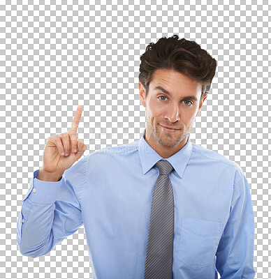 Buy stock photo Portrait, businessman and hand for pointing, announcement, or offer with suggestion for opportunity. Corporate, manager or person with gesture for option on isolated or transparent png background