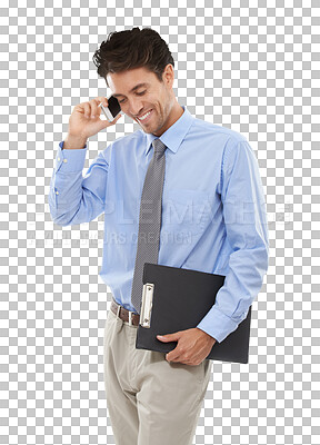 Buy stock photo Smile, phone call and young businessman with clipboard for company discussion or communication. Happy, technology and professional person on mobile conversation isolated by transparent png background