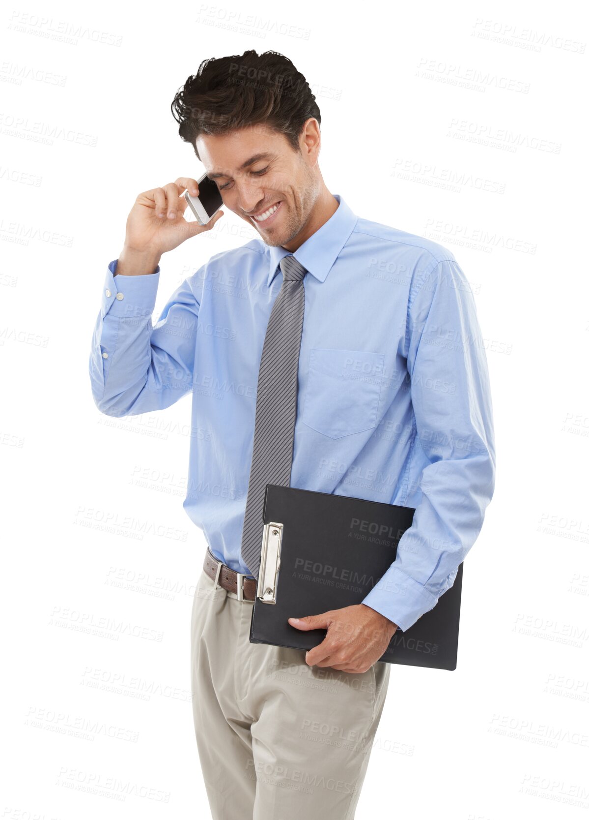 Buy stock photo Smile, phone call and young businessman with clipboard for company discussion or communication. Happy, technology and professional person on mobile conversation isolated by transparent png background