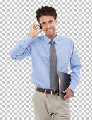 Buy stock photo Happy businessman, phone call and communication for discussion isolated on a transparent PNG background. Man or employee smile and talking on mobile smartphone for business conversation or networking