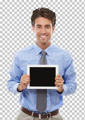 Buy stock photo Business man, tablet screen and mockup for job advertising, website information and presentation. Portrait of professional worker with digital technology space isolated on transparent, PNG background