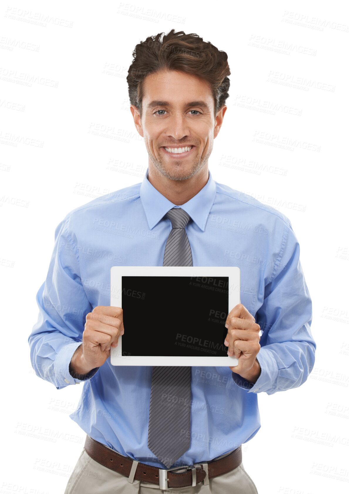 Buy stock photo Business man, tablet screen and mockup for job advertising, website information and presentation. Portrait of professional worker with digital technology space isolated on transparent, PNG background