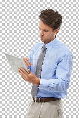 Buy stock photo Businessman, thinking or problem on tablet as consultant, technology or online solution for entrepreneur in startup. Person, face or decision on touchscreen or isolated on transparent png background