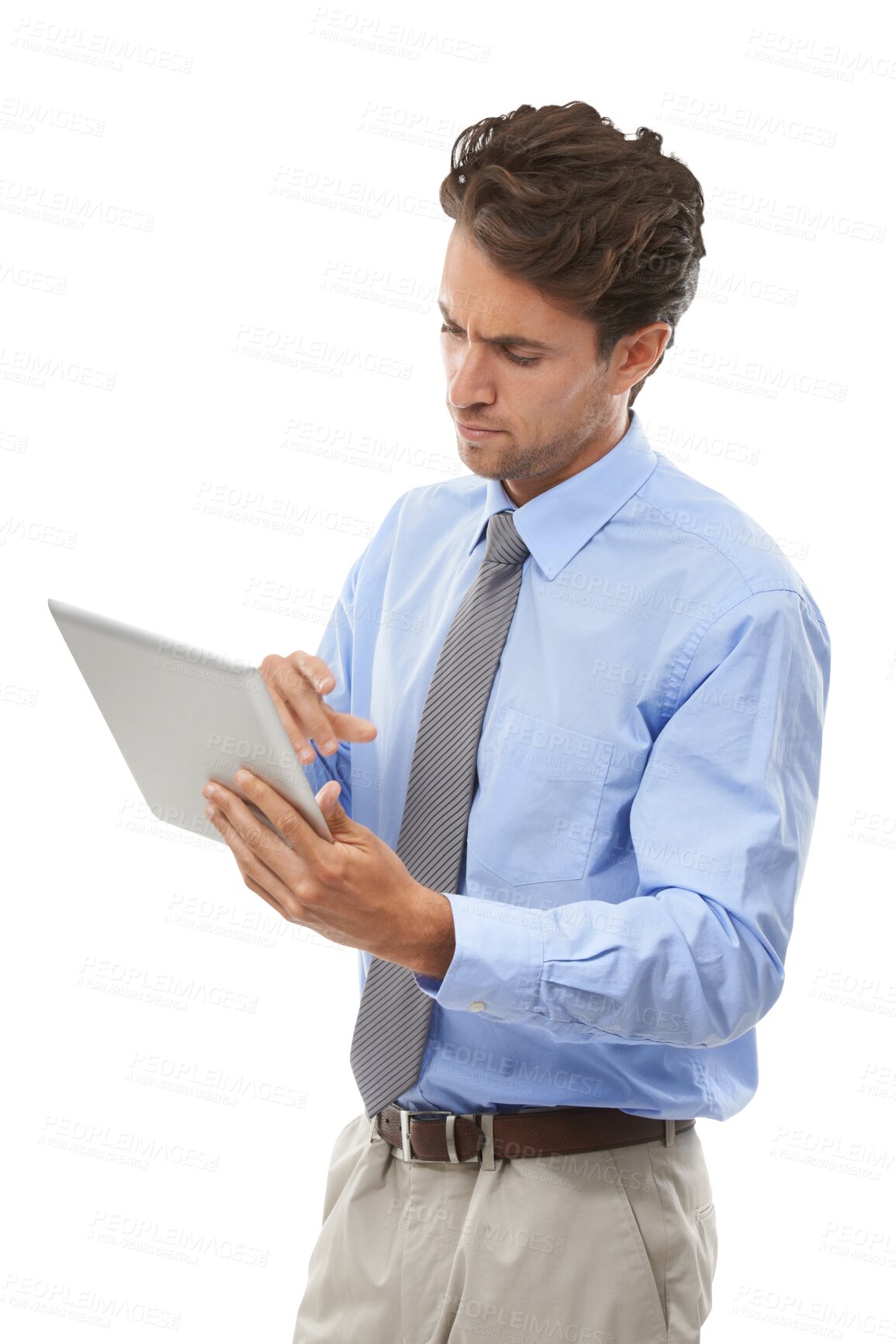 Buy stock photo Businessman, thinking or problem on tablet as consultant, technology or online solution for entrepreneur in startup. Person, face or decision on touchscreen or isolated on transparent png background