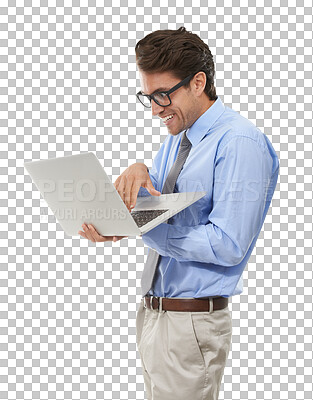 Buy stock photo Business man, excited and typing on laptop for technology, cybersecurity or corporate crime. Evil businessman reading with glasses on computer for hacking data isolated on transparent PNG background 