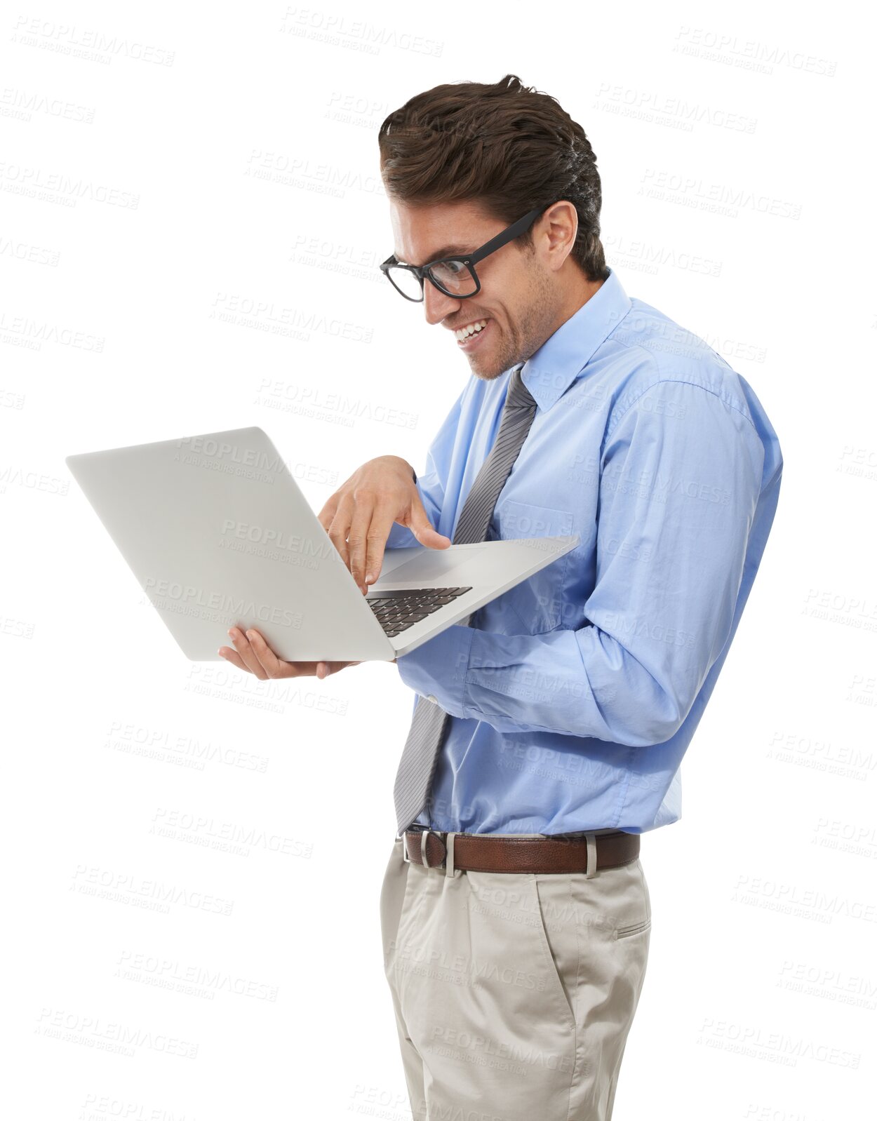 Buy stock photo Business man, excited and typing on laptop for technology, cybersecurity or corporate crime. Evil businessman reading with glasses on computer for hacking data isolated on transparent PNG background 