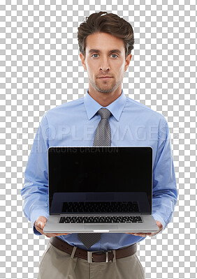 Buy stock photo Business man, portrait and laptop screen for advertising space, presentation and newsletter isolated on transparent png background. Serious worker, computer and mockup of launch, information and deal