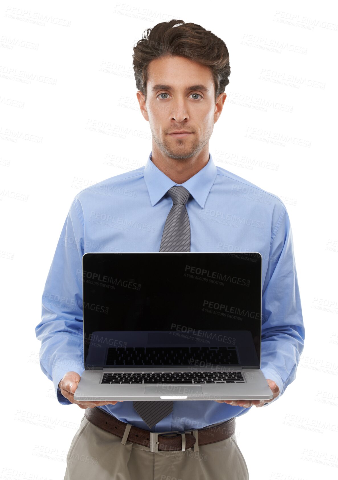 Buy stock photo Business man, portrait and laptop screen for advertising space, presentation and newsletter isolated on transparent png background. Serious worker, computer and mockup of launch, information and deal