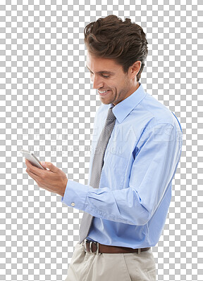 Buy stock photo Businessman, phone and smile for communication by text, message or reading on mobile app. Corporate, male manager and technology by internet on isolated or transparent png background for social media