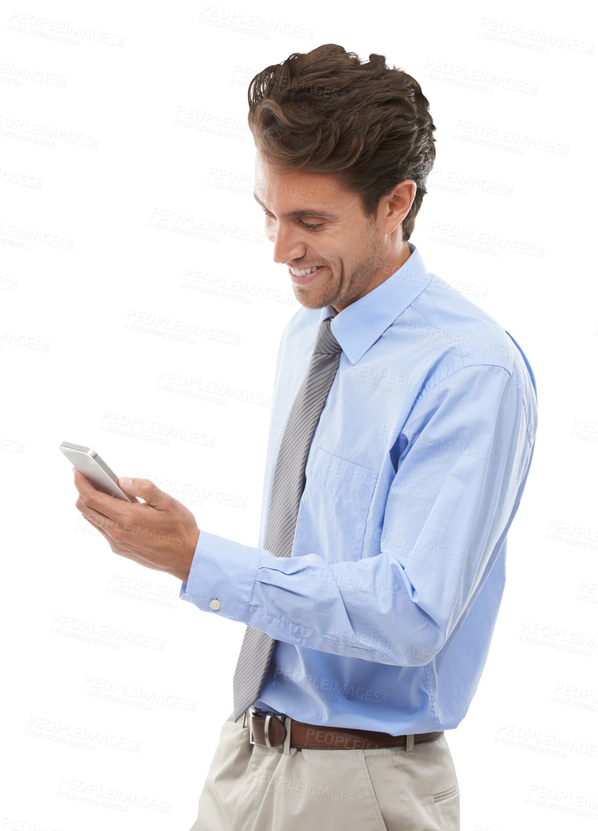 Buy stock photo Businessman, phone and smile for communication by text, message or reading on mobile app. Corporate, male manager and technology by internet on isolated or transparent png background for social media