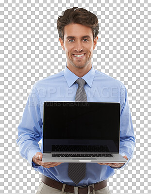 Buy stock photo Portrait, business man and laptop screen for advertising space, information and email isolated on transparent png background. Happy employee, computer and mockup of launch, presentation and deal