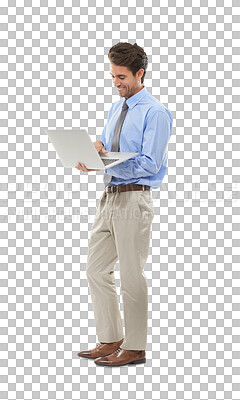 Buy stock photo Laptop, smile and a business man typing while isolated on a transparent background for planning or email communication. Computer, website and working with a happy young employee on PNG for research