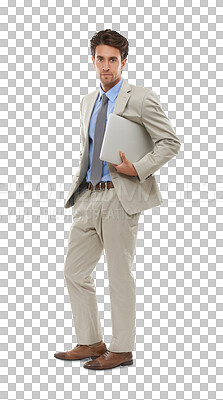 Buy stock photo Isolated business man, holding laptop and portrait in suit, finance or accounting job by transparent png background. Financial advisor, bank or insurance employee with computer in investing agency