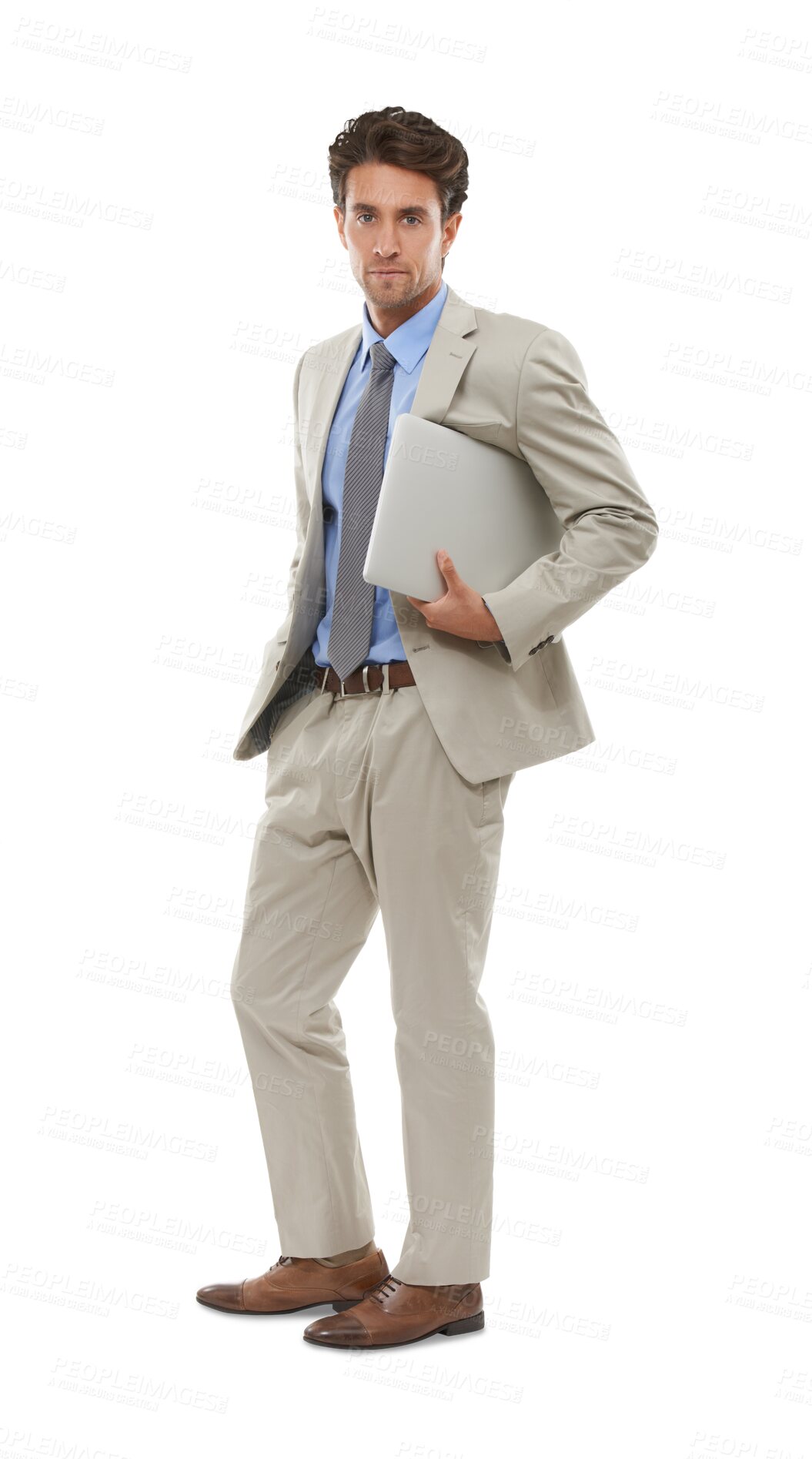 Buy stock photo Isolated business man, holding laptop and portrait in suit, finance or accounting job by transparent png background. Financial advisor, bank or insurance employee with computer in investing agency