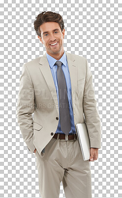 Buy stock photo Portrait, smile and business man with laptop, entrepreneur and confident corporate employee. Computer, happy professional consultant or agent working in Spain isolated on a transparent png background