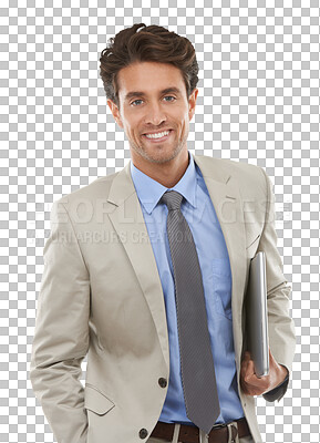 Buy stock photo Portrait, happy business man and laptop, entrepreneur and confident corporate employee. Face, computer and professional with consultant or worker in Spain isolated on a transparent png background