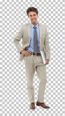 Buy stock photo Businessman, portrait and professional or confident as sales agent company, laptop work or isolated on transparent png background. Male person, face and serious for corporate growth, pride or formal