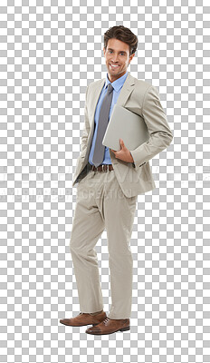 Buy stock photo Portrait, smile and business man with laptop, entrepreneur and corporate employee. Computer, confidence and happy professional consultant working in Spain isolated on a transparent png background