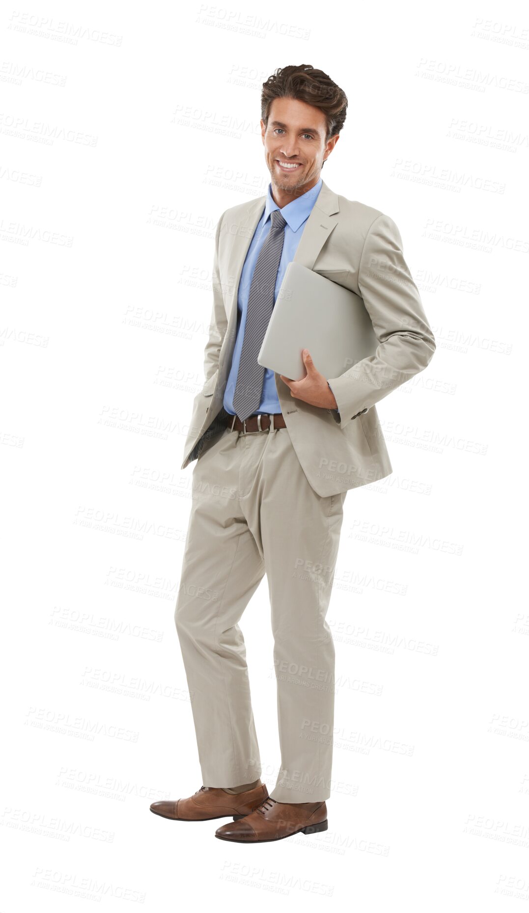 Buy stock photo Portrait, smile and business man with laptop, entrepreneur and corporate employee. Computer, confidence and happy professional consultant working in Spain isolated on a transparent png background