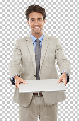 Buy stock photo Man, portrait and laptop smile for online communication, digital connection or isolated on transparent png background. Male person, face and device for corporate office work job, typing or email tech