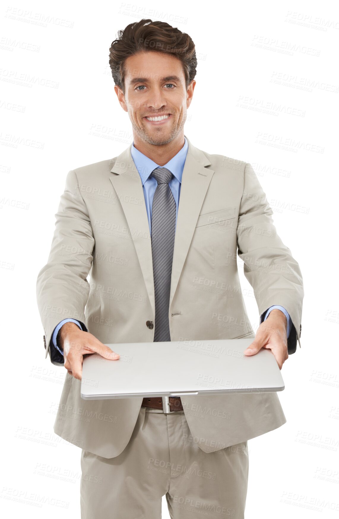 Buy stock photo Man, portrait and laptop smile for online communication, digital connection or isolated on transparent png background. Male person, face and device for corporate office work job, typing or email tech