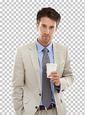 Buy stock photo Portrait, businessman with cup and coffee isolated on transparent png background. Face of salesman, office worker or man with professional career, relax and morning drink in hand with business suit.