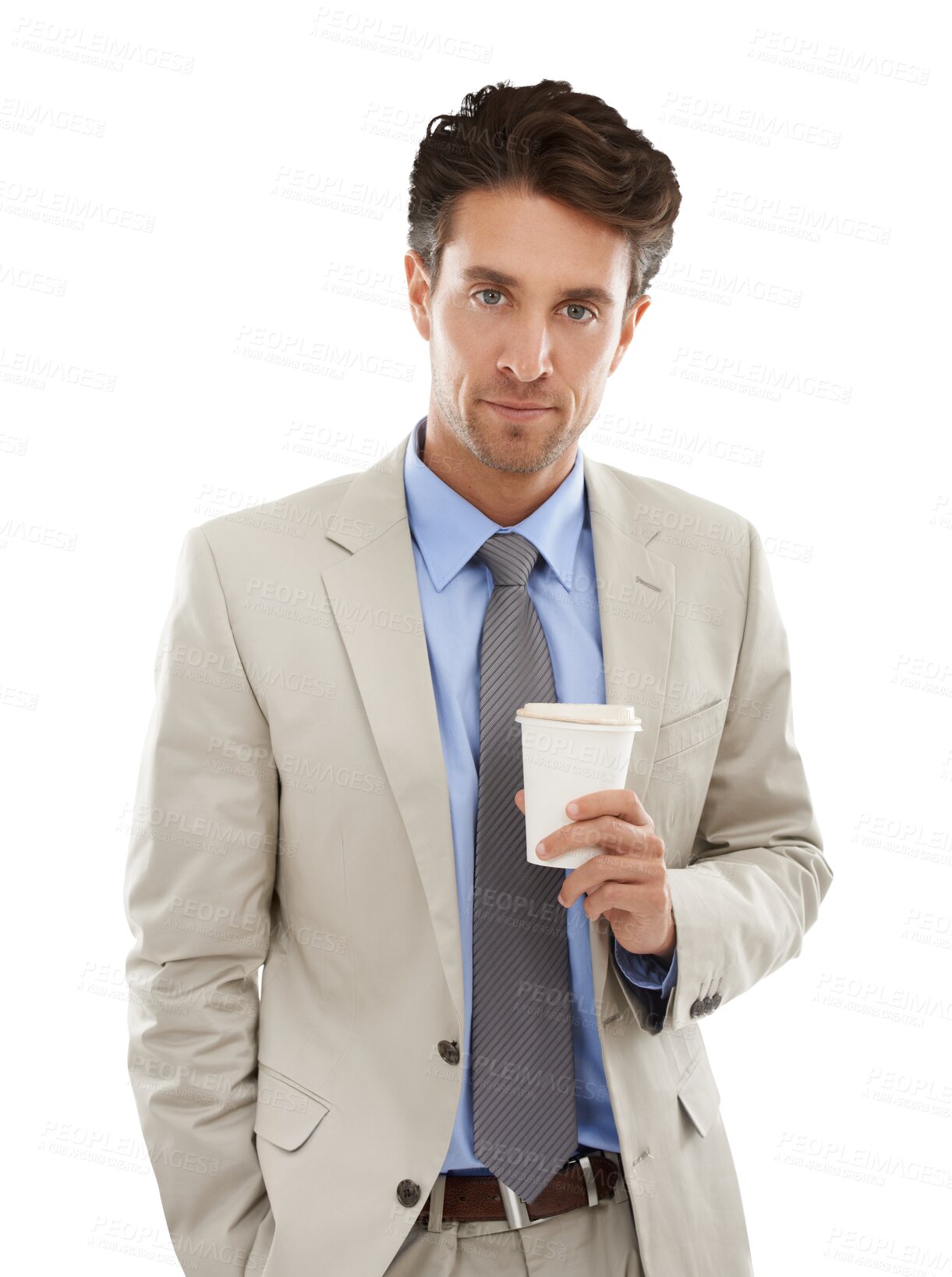 Buy stock photo Portrait, businessman with cup and coffee isolated on transparent png background. Face of salesman, office worker or man with professional career, relax and morning drink in hand with business suit.