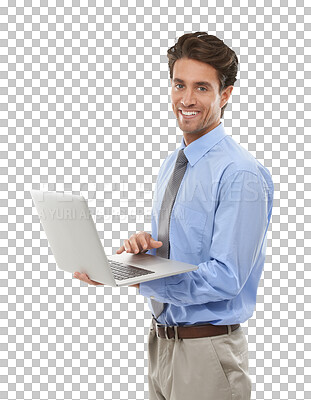 Buy stock photo Portrait, businessman with laptop and smile isolated on transparent png background. Typing salesman, office worker or happy man with professional career, computer and market research for online job.