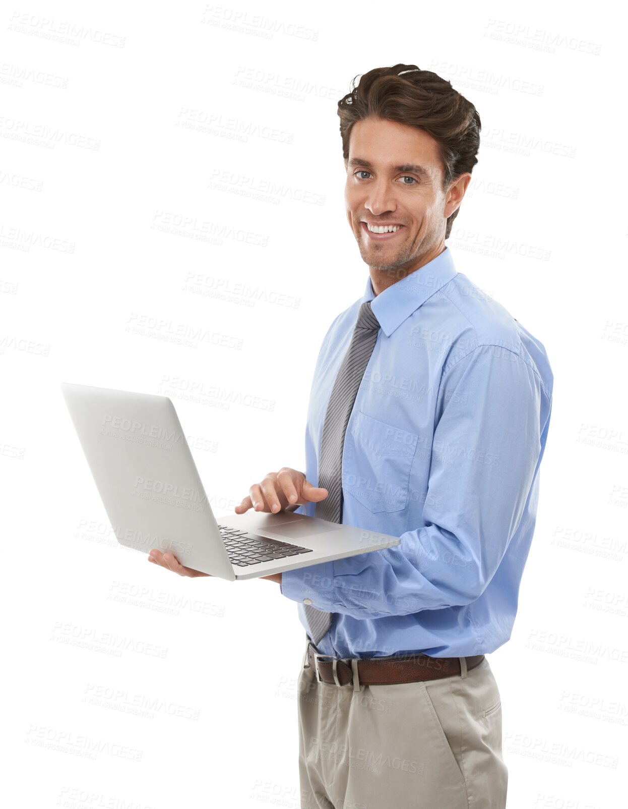 Buy stock photo Portrait, businessman with laptop and smile isolated on transparent png background. Typing salesman, office worker or happy man with professional career, computer and market research for online job.