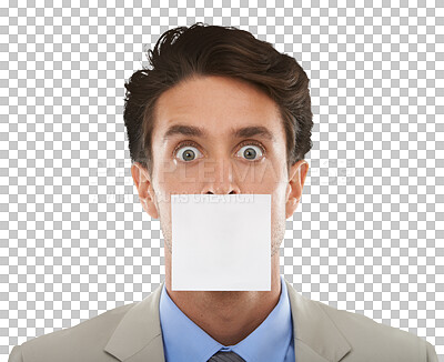 Buy stock photo Man, sticky note and mouth shock for corporate secret information, silence or employee gagging. Male person, business and isolated on transparent png background for overworked, mockup for censorship