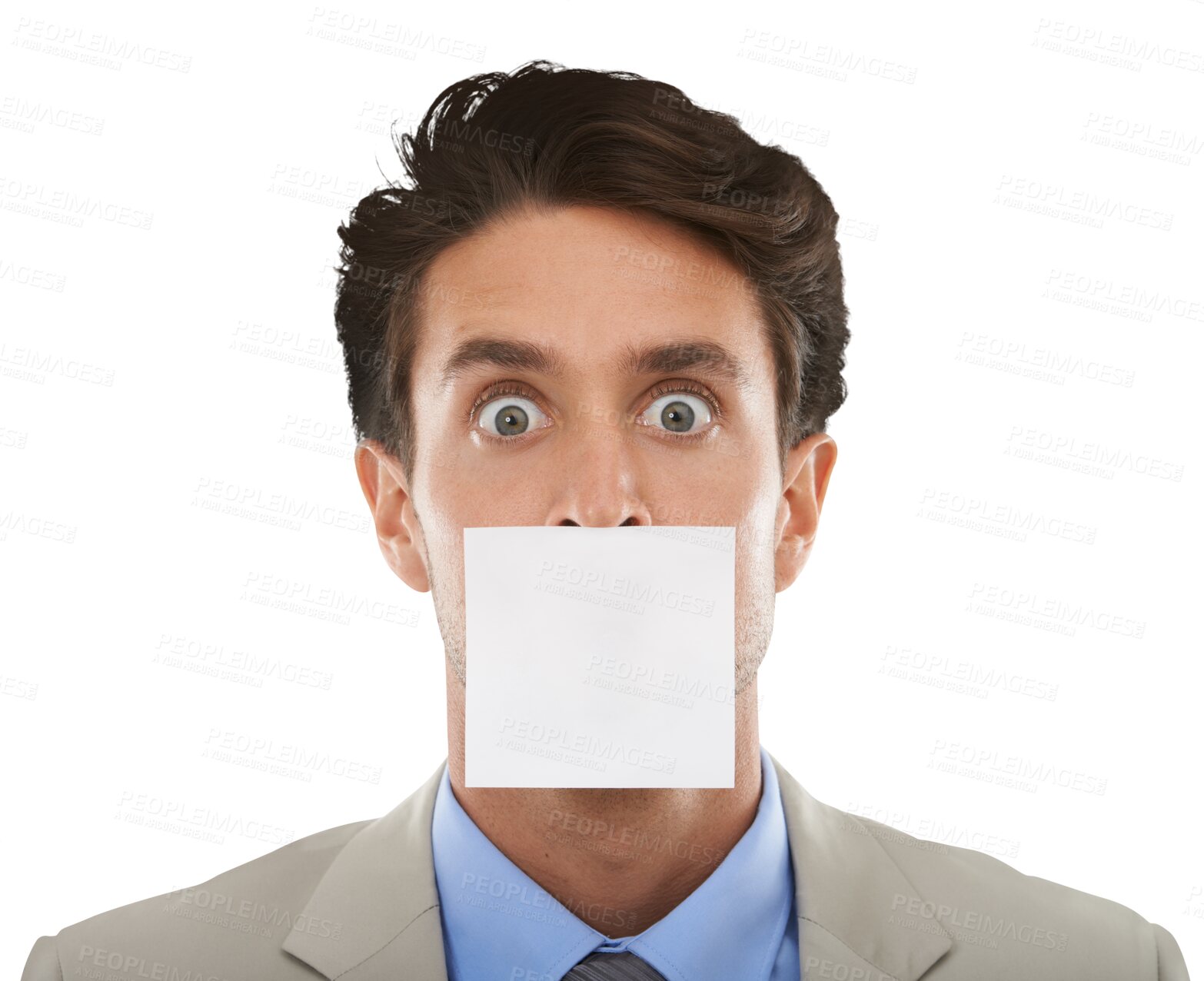 Buy stock photo Man, sticky note and mouth shock for corporate secret information, silence or employee gagging. Male person, business and isolated on transparent png background for overworked, mockup for censorship