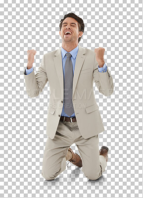 Buy stock photo Businessman, success and winner in celebration for corporate, career growth and achievement at work. Happy, person and professional on knees and cheering and isolated on transparent png background