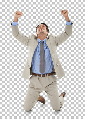 Buy stock photo Businessman, hands or happy with celebration on floor for winner or success isolated on png transparent background. Entrepreneur, professional or person on knees for achievement, excited or promotion