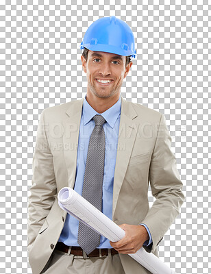 Buy stock photo Man, portrait and blueprint for architecture, project management and construction, design and planning. Happy face of engineering expert in suit with floor plan isolated on transparent PNG background