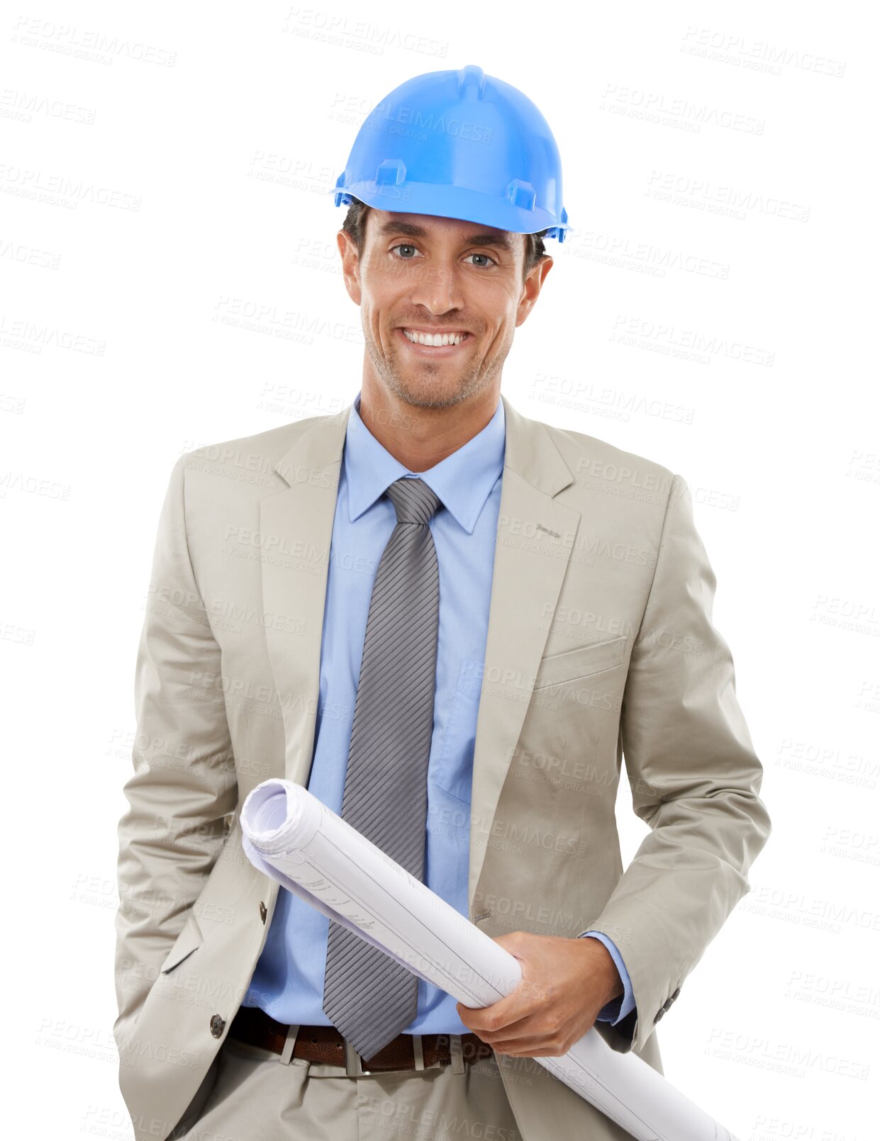 Buy stock photo Man, portrait and blueprint for architecture, project management and construction, design and planning. Happy face of engineering expert in suit with floor plan isolated on transparent PNG background