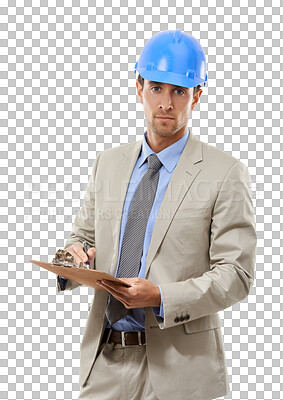 Buy stock photo Man, portrait and architect with clipboard for inspection or checklist isolated on a transparent PNG background. Male person, contractor or engineer in construction, storage or inventory documents