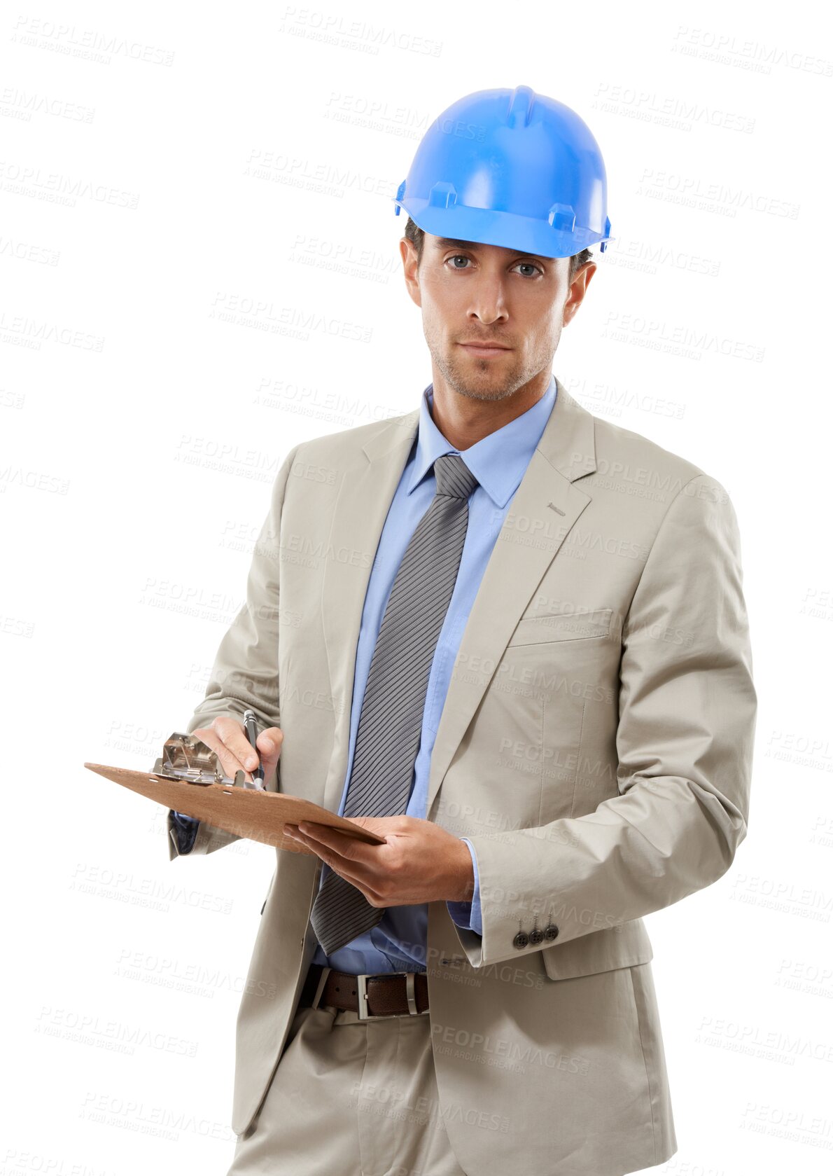 Buy stock photo Man, portrait and architect with clipboard for inspection or checklist isolated on a transparent PNG background. Male person, contractor or engineer in construction, storage or inventory documents