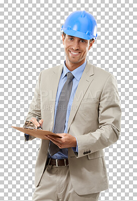 Buy stock photo Man, portrait and architecture inspection, checklist or project management for construction, design and planning. Happy contractor in suit with clipboard isolated on a transparent, PNG background