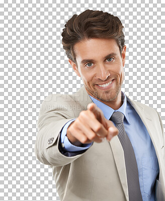 Buy stock photo Businessman, portrait and pointing for job, happy and employee on isolated transparent png background. Man, career and person for occupation, positive and corporate for company, face and smile
