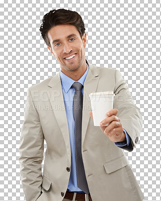 Buy stock photo Businessman, portrait and takeaway coffee for corporate employee meeting, smile or isolated transparent png background. Male person, face and hot drink for morning office commute, wake up or espresso