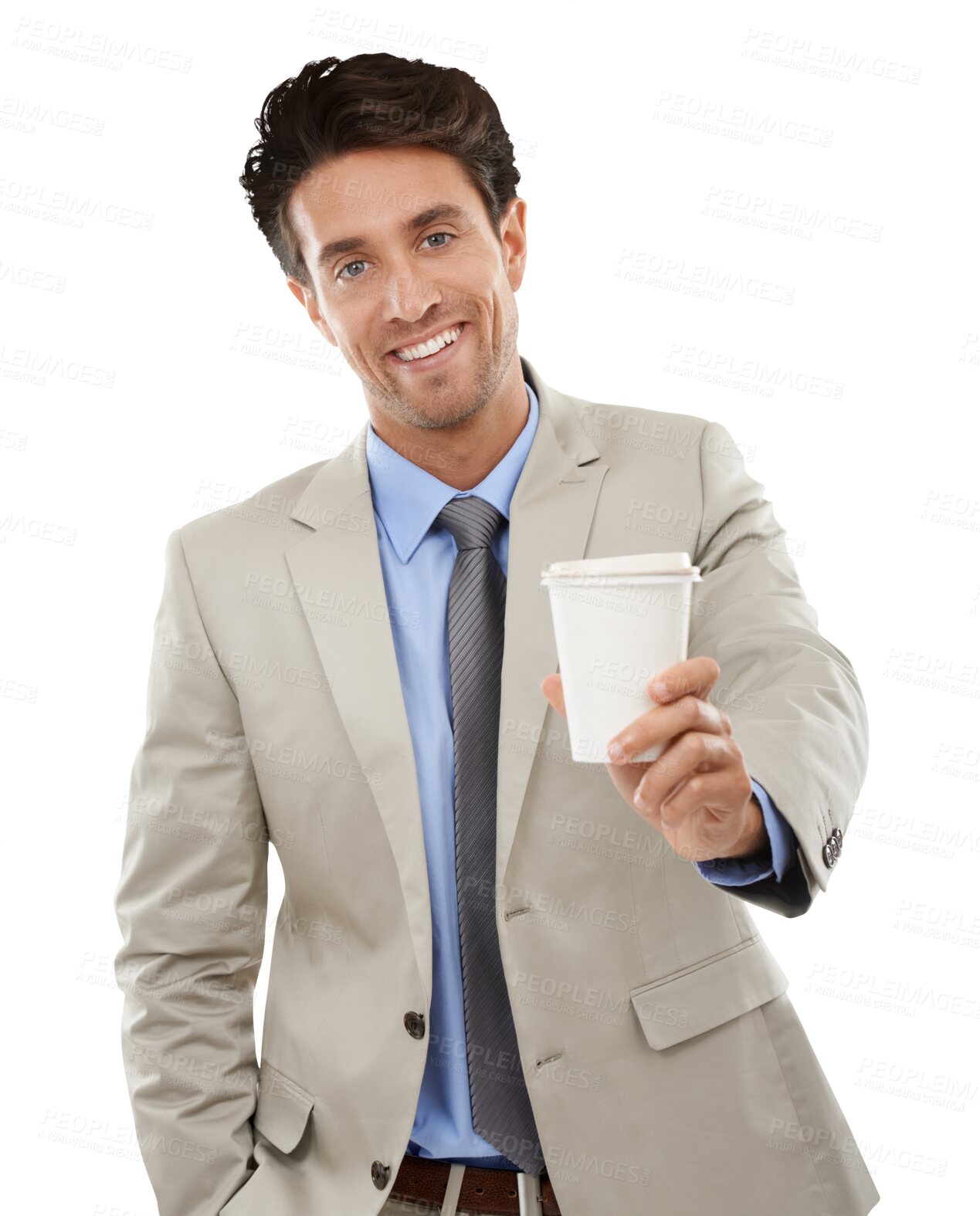 Buy stock photo Businessman, portrait and takeaway coffee for corporate employee meeting, smile or isolated transparent png background. Male person, face and hot drink for morning office commute, wake up or espresso