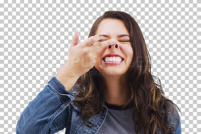 Buy stock photo Smile, funny face and nose with a crazy woman or isolated on transparent png background. Comic, comedy and showing nostrils with a weird young female person feeling playful while joking, silly or fun