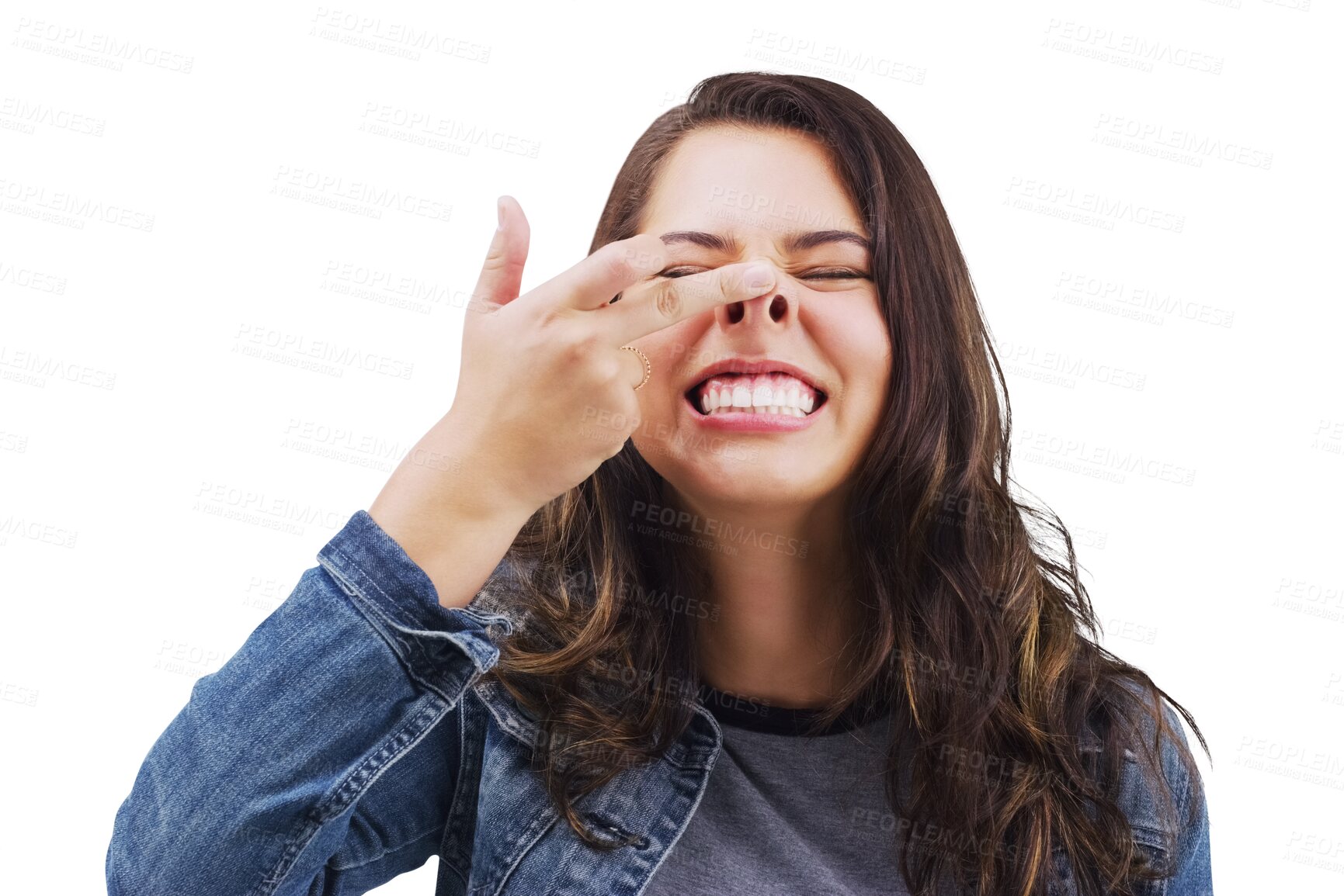 Buy stock photo Smile, funny face and nose with a crazy woman or isolated on transparent png background. Comic, comedy and showing nostrils with a weird young female person feeling playful while joking, silly or fun