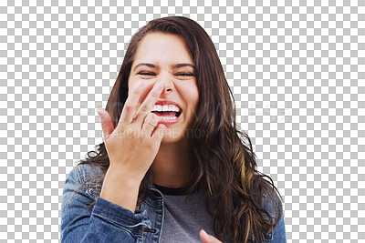 Buy stock photo Isolated woman, funny face and touch nose with laughing, joke and portrait by transparent png background. Girl, student person or model for finger, excited smile or happy with comic facial expression