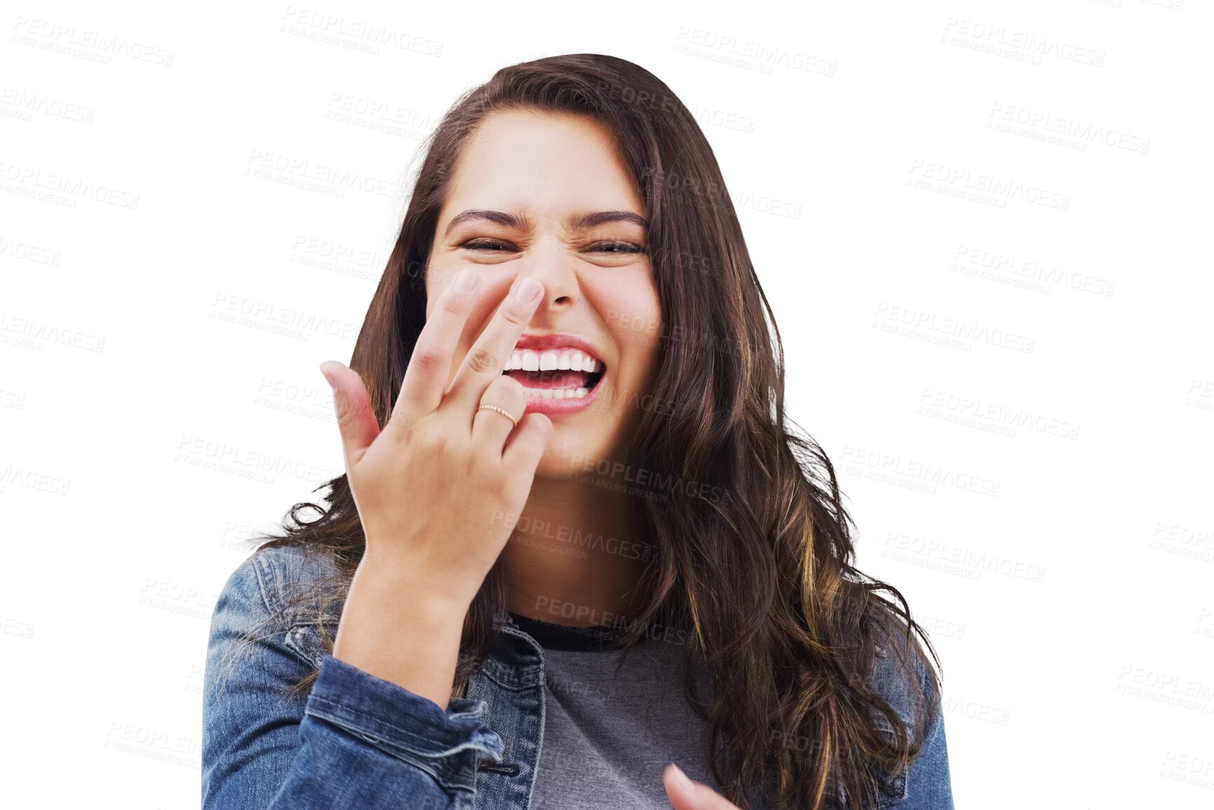 Buy stock photo Isolated woman, funny face and touch nose with laughing, joke and portrait by transparent png background. Girl, student person or model for finger, excited smile or happy with comic facial expression